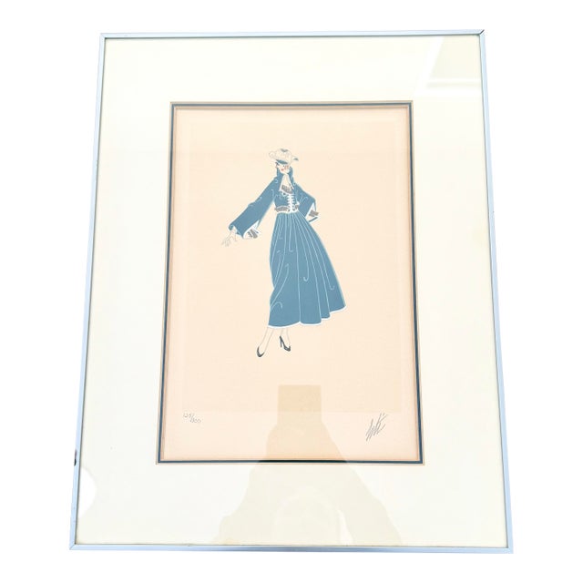 1950s Signed & Framed Lithograph Art Bon Soir by Erté Lady with Blue Dress Art Deco Style For Sale