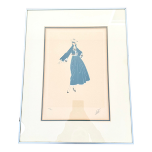 1950s Signed & Framed Lithograph Art Bon Soir by Erté Lady with Blue Dress Art Deco Style