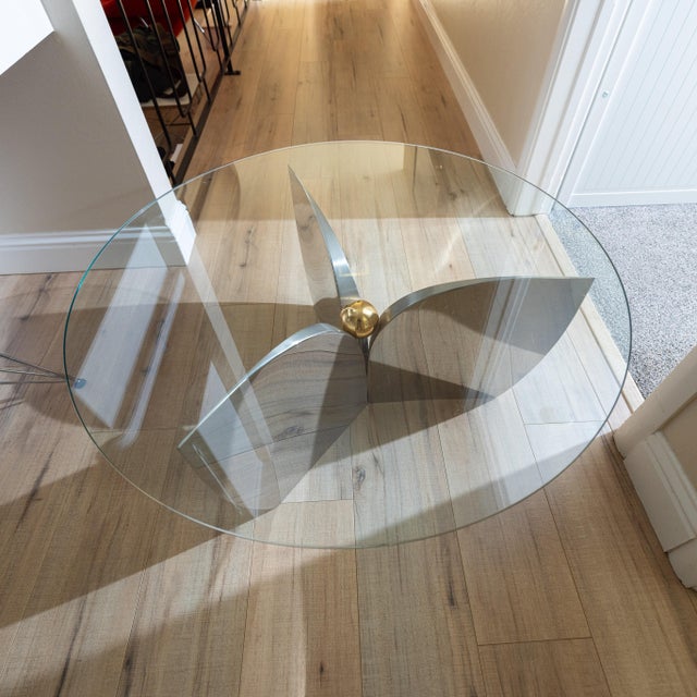 1970s Tripartite Polished Stainless Steel and Gilt-Metal Cocktail Table For Sale In Sacramento - Image 6 of 15