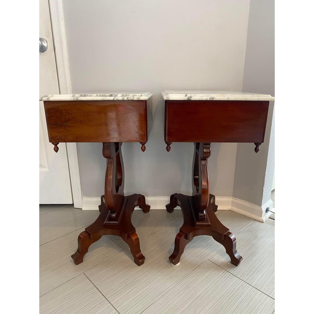 Mid 19th Century Victorian Mahogany Marble Top Harp Lyre End Tables