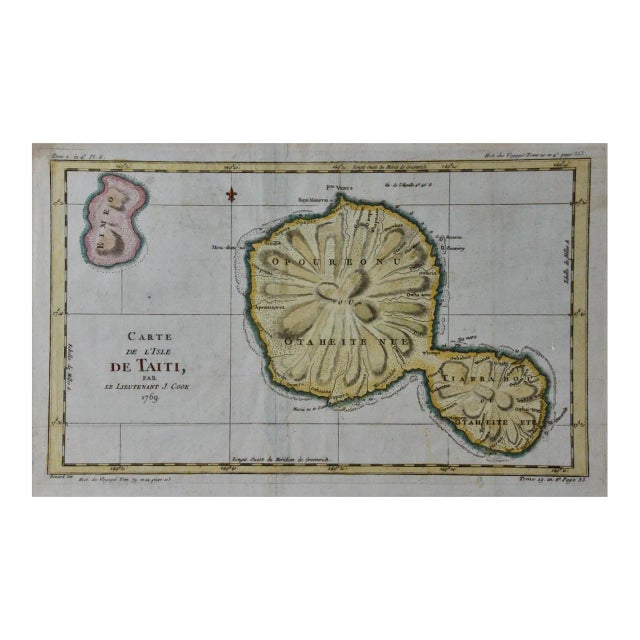 Captain Cook's Exploration of Tahiti: 18th C. Hand-Colored Map by Bellin, 1780 For Sale