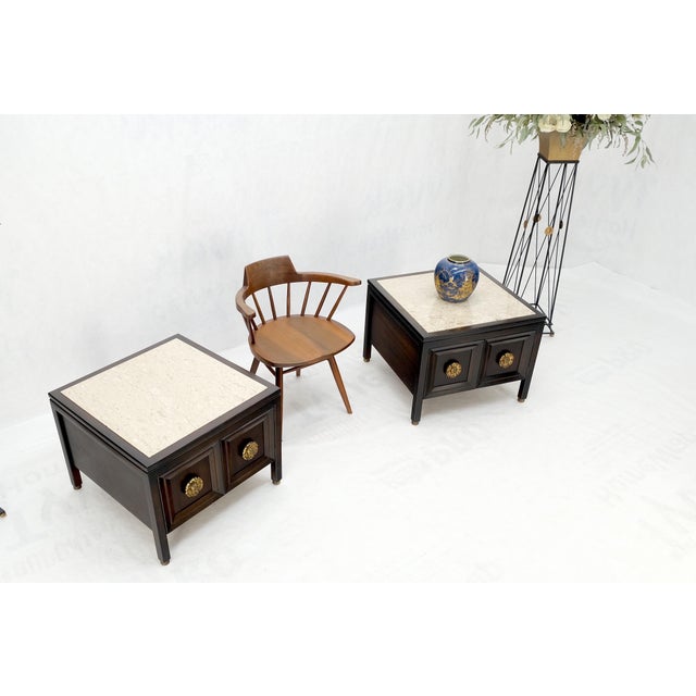 Metal Pair Square Marble Top 2 Door Nightstands End Tables Large Decorative Pulls Mint For Sale - Image 7 of 16