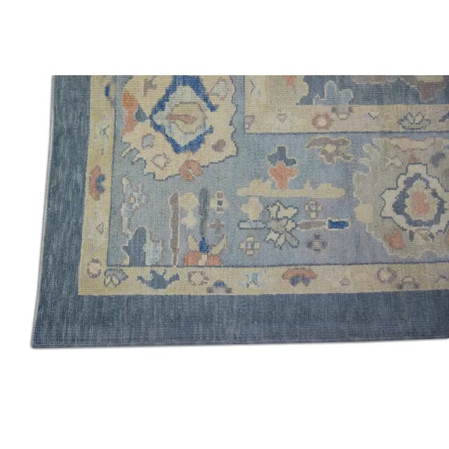 Turkish Oushak Rug Blue & Cream Floral Handwoven Wool Rug 9'5" X 12'6" Elevate your living space with this stunning Early...