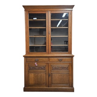 Late 19th Century Golden Oak Edwardian Glass Door Top Bookcase With Drawer & Cabinet Base For Sale