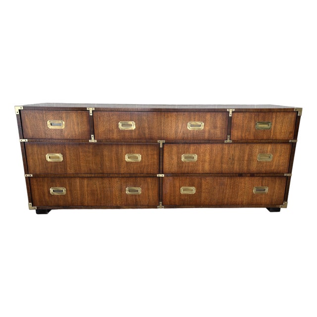 Lane Furniture Campaign Style 7 Drawer 72" Walnut Dresser For Sale