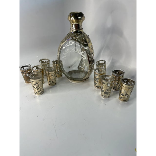Vintage Haig & Haig shot glasses sterling silver whiskey decanter set.