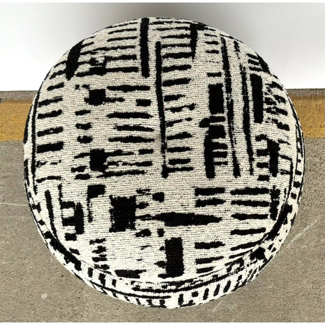 Stylish Abstract Modern Black and Ivory Storage Ottoman, cerused oak finished wood base, showroom floor sample