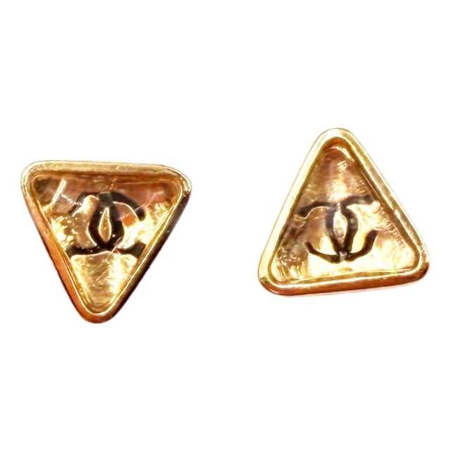 Chanel Vintage Gold Plated Triangle Black CC Small Piercing Earrings, A Pair For Sale