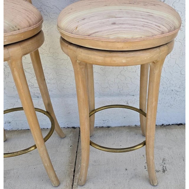 Vintage Venetian Grotto Style Carved Wood Palm Leaf Barstools Set of 2 For Sale - Image 9 of 15