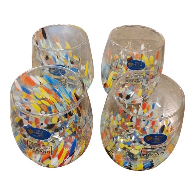 Murano "White Cristal" Tumblers Confetti Glass -Set of 4 For Sale