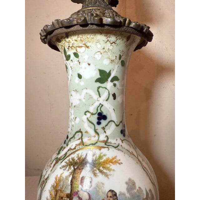 Huge 1800s Antique Ornate French Hand Painted Porcelain Bronze Kerosine Oil Lamp For Sale - Image 4 of 18