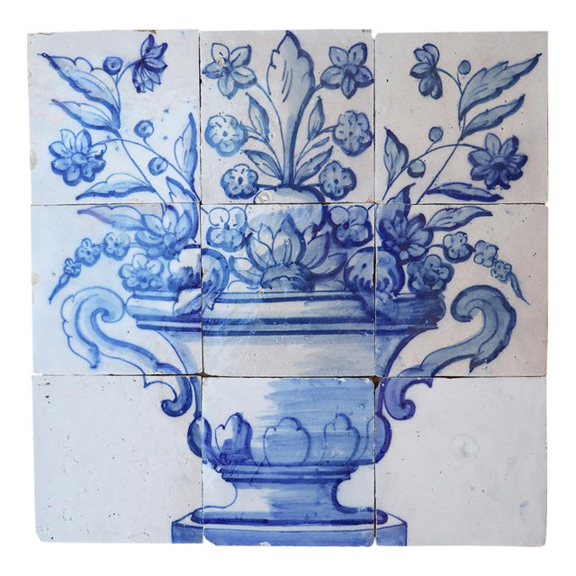 Tile Mural Panel Depicting a Baroque Jardinière With Flowers, Portuguese, 18th Century For Sale