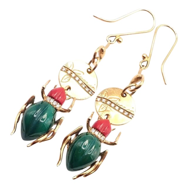 Gucci Diamond Malachite Carnelian Scarab Yellow Gold Drop Earrings, A Pair For Sale