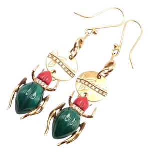 Gucci Diamond Malachite Carnelian Scarab Yellow Gold Drop Earrings, A Pair