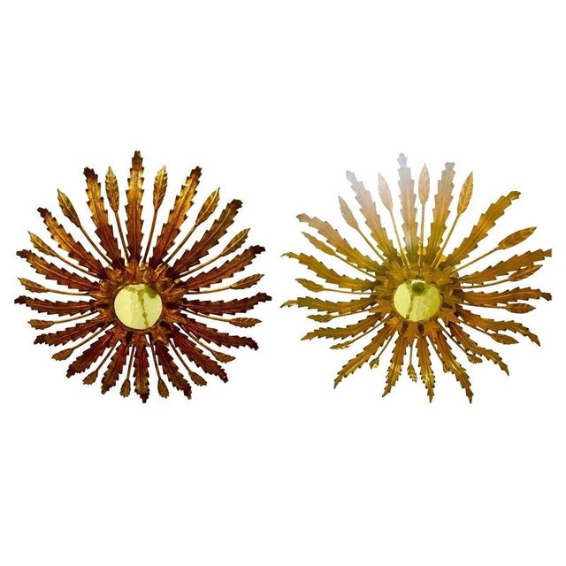 Large Spanish Sunburst Flush Mounts in Gilt Metal with Support Pair, 1950, Set of 2 For Sale - Image 10 of 10