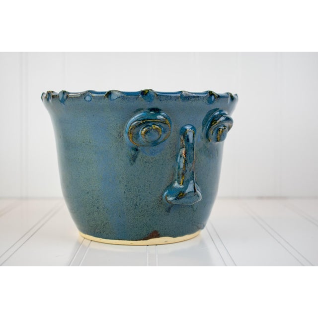 Navy Blue Vintage Whimsical Face Studio Pottery Planter Bowl - Signed RLM For Sale - Image 8 of 15