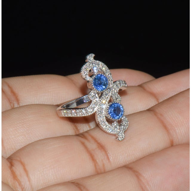 Metal Certified Natural 1.40cts Diamond & Sapphire 18k Solid White Gold Filigree Cocktail Ring, Size 6.5 For Sale - Image 7 of 13