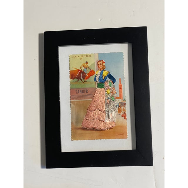3 pcs Antique Embroidered Spanish Postcards with bullfighting scenes., framed.