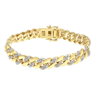 14K Yellow Gold Plated .925 Sterling Silver 3/8 Cttw Diamond Cuban Bracelet (I-J Color, I3 Clarity) - 7.25" For Sale