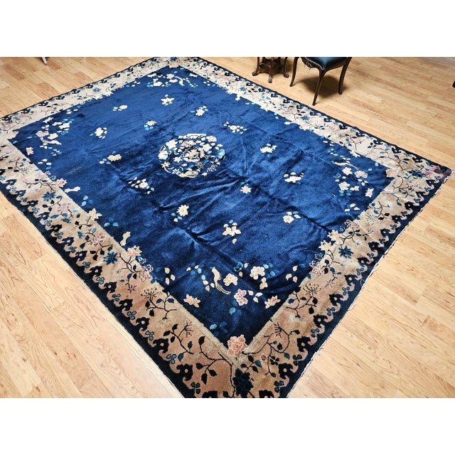 Vintage Room Size Chinese Art Deco Rug, Hand-Knotted Navy Blue, Taupe, 9' x 12' For Sale - Image 11 of 18
