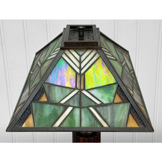 Antique Arts & Crafts Slag Glass Oak Table Lamp For Sale - Image 6 of 12
