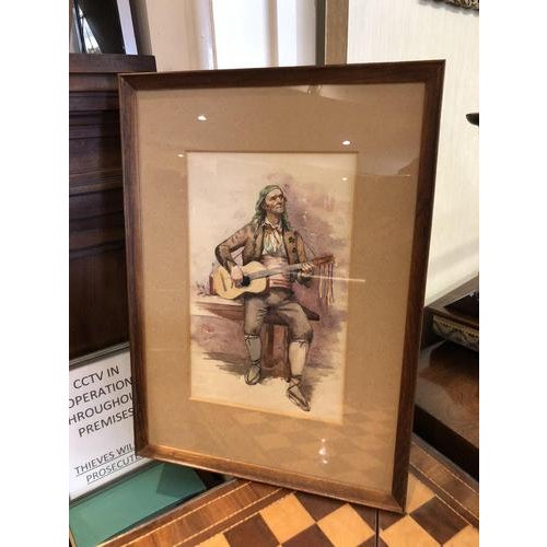 Spanish Guitarist, Watercolor, Framed For Sale - Image 5 of 6