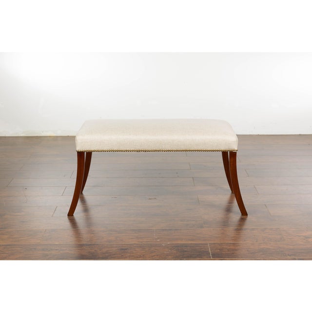 19th Century English Regency Bench with Saber Legs and Custom Linen Upholstery For Sale In Atlanta - Image 6 of 12