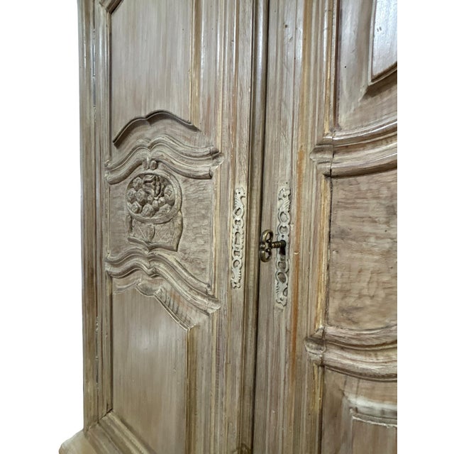 French Provincial Bleached Oak Buffet À Deux Corps Cabinet With Carved Fruit Basket Doors For Sale - Image 4 of 12