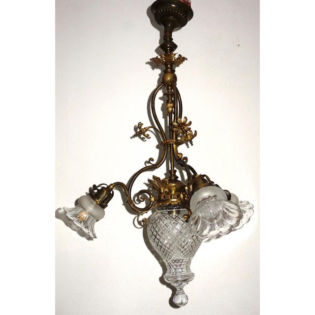 Antique French Art Nouveau Brass and Glass 4-Light Chandelier, 1940s For Sale - Image 13 of 13