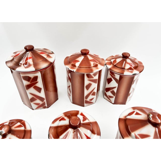 Antique French Enamel Kitchen Tins Set by Aubecq, 1920s, Set of 6 For Sale - Image 9 of 10