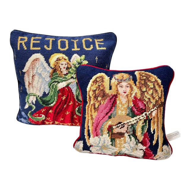 Vintage Christmas Angel Needlepoint Pillows – Set of 2 For Sale