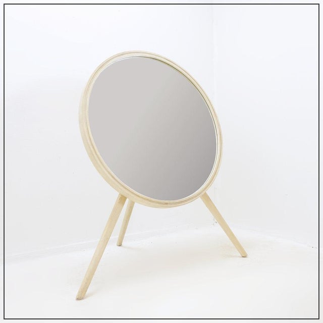 Round Tripod White-Washed Wood Floor Mirror For Sale - Image 4 of 12