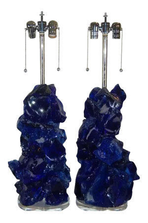 Glass Rock Sculpted Table Lamps in Cobalt Blue