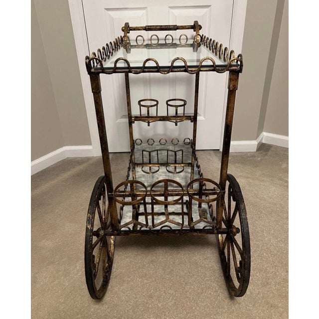 Vintage Hollywood Regency Neoclassical Gilt Rolling Iron Glass Bar Cart Trolley For Sale - Image 4 of 12