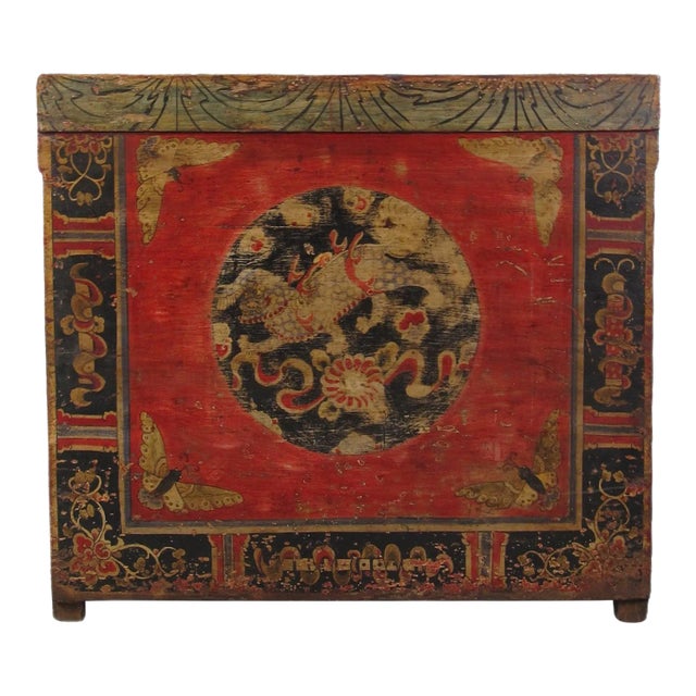 Late 19th Century Hand Painted Circle of Mystic Bird Antique Gansu Tibetan Cabinet 2 For Sale
