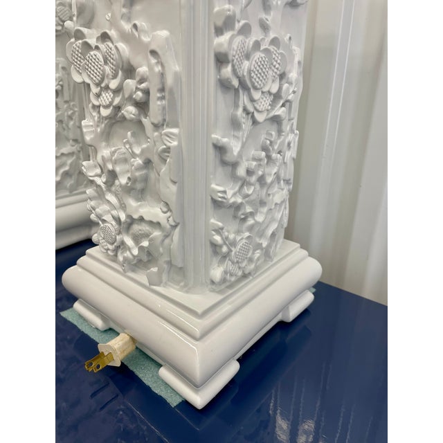 White 1970s High-Gloss White Lacquer Chinoiserie Relief Table Lamps – 33” - a Pair For Sale - Image 8 of 9