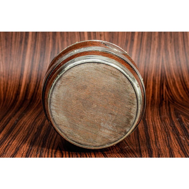 English Antique Silverplate Dark Oak Biscuit Jar With Porcelain Lining Shield For Sale - Image 13 of 13