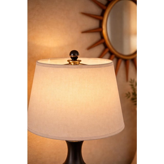 Late 20th Century Mid-Century Style Turned Wood Table Lamps in Matte Black With Linen Shades - a Pair For Sale - Image 4 of 9