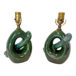 Mid Century Modern Royal Haeger Style Green-Blue Drip Glaze Ceramic Lamps- A Pair For Sale