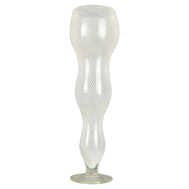 Tall Mezza Filigrana Footed White Murano Vase, 1960s For Sale