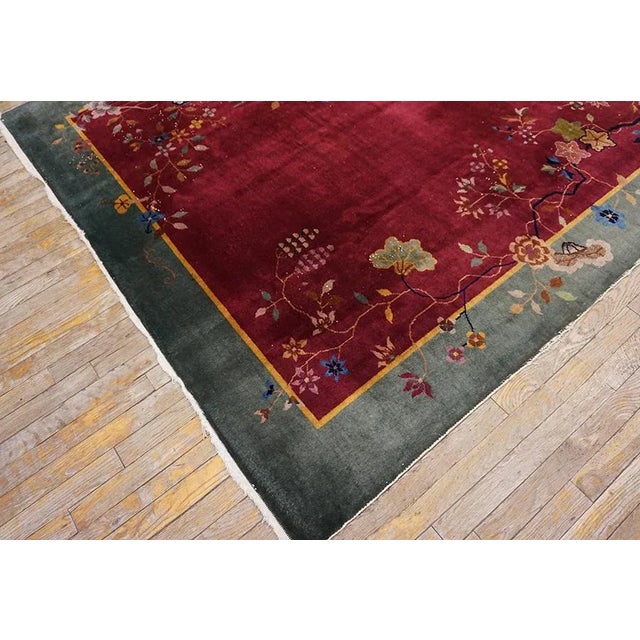 1920s Raspberry Red Floral Antique Chinese Art Deco Carpet 6' X 8'8'' Knotted Wool Rug For Sale In New York - Image 6 of 13