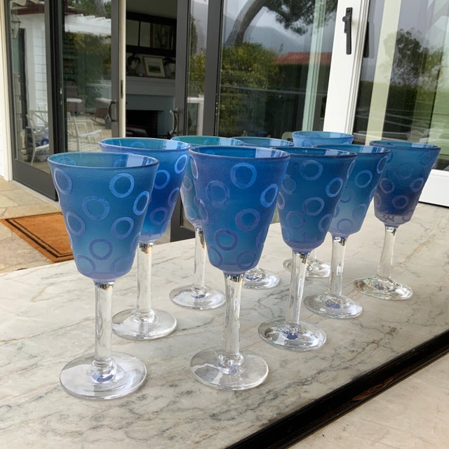 Vintage Murano Blue Raised Circle Wineglasses Attributed to Mario Badioli - Set of 9 For Sale - Image 10 of 10