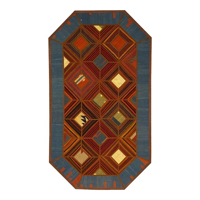 Turkish Retro Kilim Wool 4x8 Brown, Blue, Ivory & Orange Handmade Area Rug #1142009 For Sale