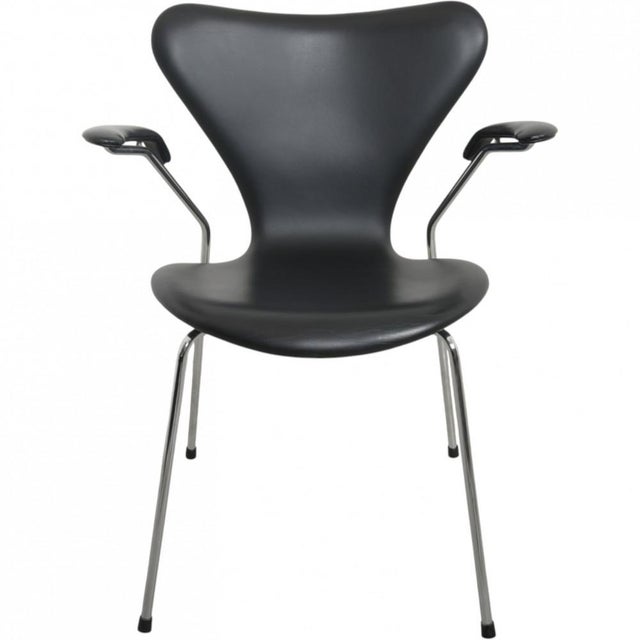 Seven Armchairs in Black Leather by Arne Jacobsen, 1990s, Set of 5 For Sale - Image 16 of 18