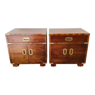 Vintage Pair of John Stuart Rosewood Campaign Style Nightstands End Tables For Sale
