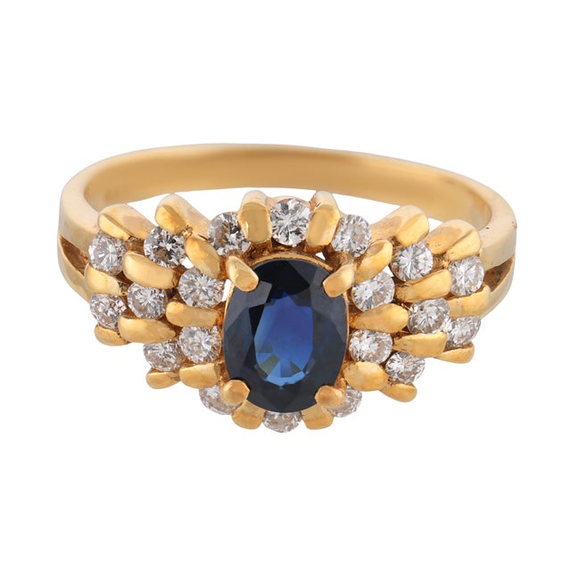 Contemporary Vintage Sapphire Diamond 18k Yellow Gold Ring, Size 6 For Sale - Image 3 of 6