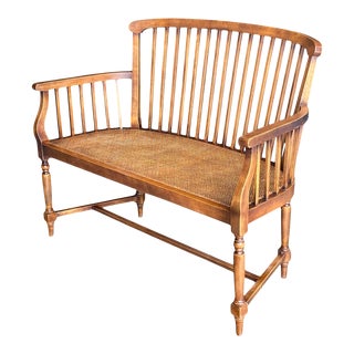 Vintage Solid Walnut Spindle Back Caned Seat Bench For Sale