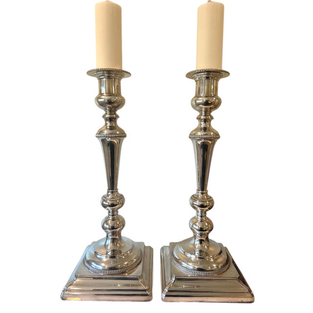Hollywood Regency Monumental Pair of Substantial Silver-Plated Standing Floor Candlesticks - 25" Tall For Sale - Image 3 of 10