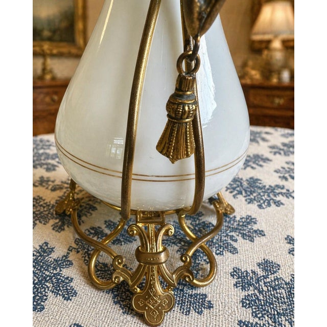 Baccarat Antique French White Opaline Vase With Bronze Tassel Mounts, Baccarat Label For Sale - Image 4 of 6