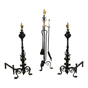 Outstanding Palatial Wrought Iron 3 Piece Fireplace Andiron Set